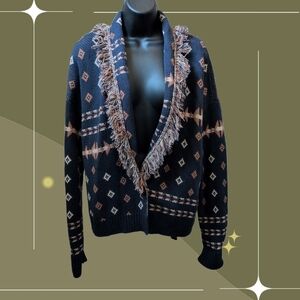 ✨ Pendleton Fringe Shawl Geometric Navy Cardigan Size Large